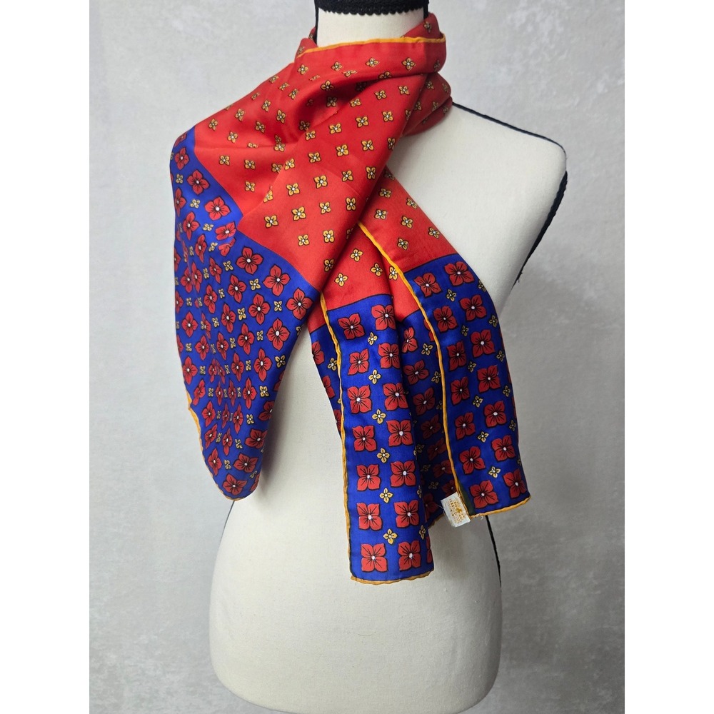 Vintage Hand Rolled Silk Rayon Scarf Red Blue Floral Made in Japan Oblong